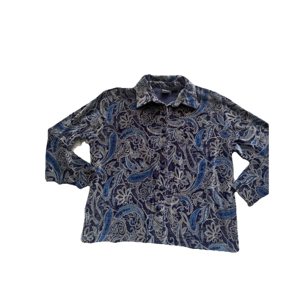 Erika Button Front Cotton Blend Blouse Shirt Blue Tan Paisley Womens L Velor